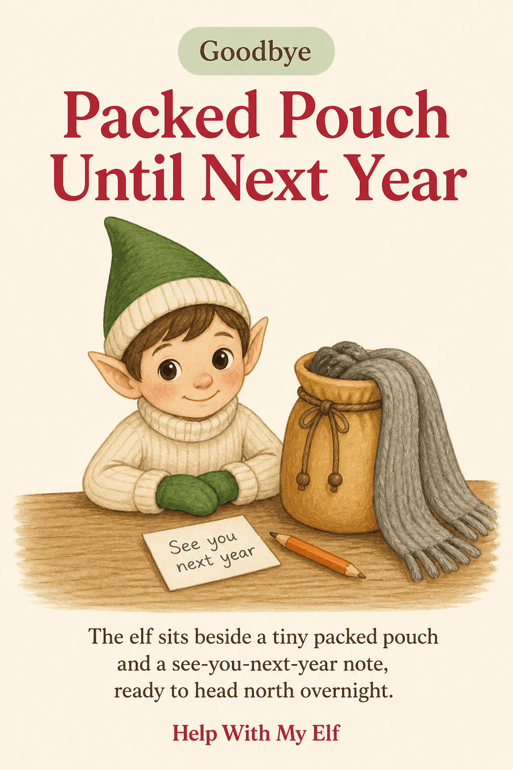 Packed Pouch Until Next Year. A handmade visiting-elf idea card for Help With My Elf.
