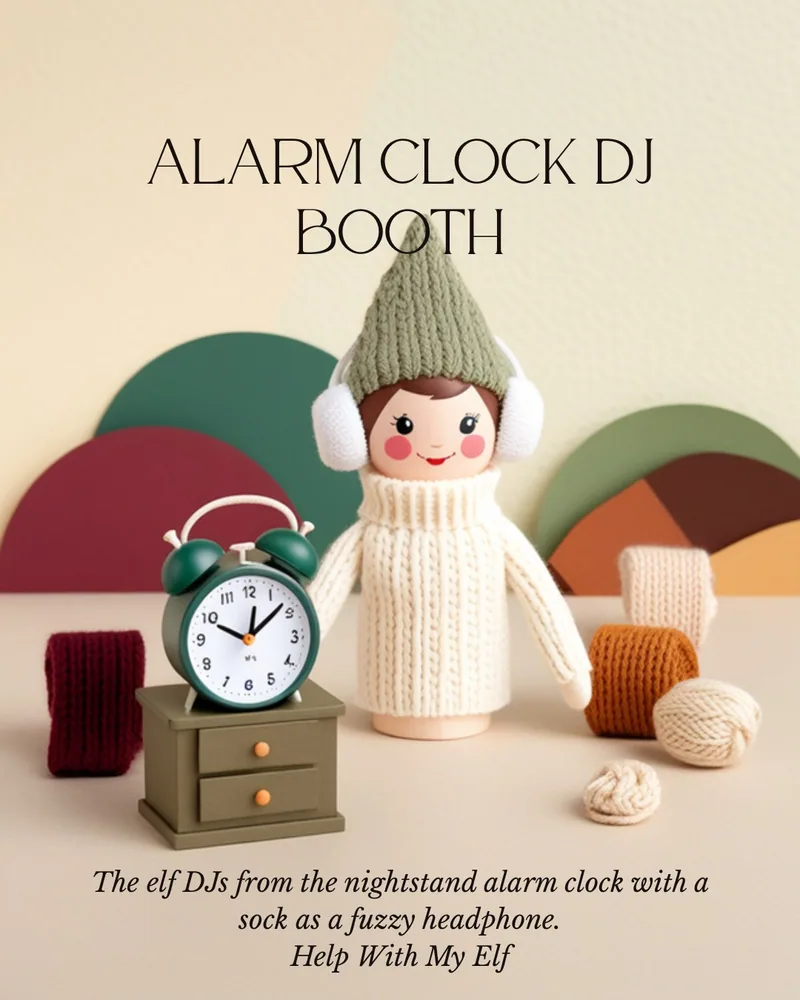 Alarm Clock DJ Booth. A handmade visiting-elf idea card for Help With My Elf.