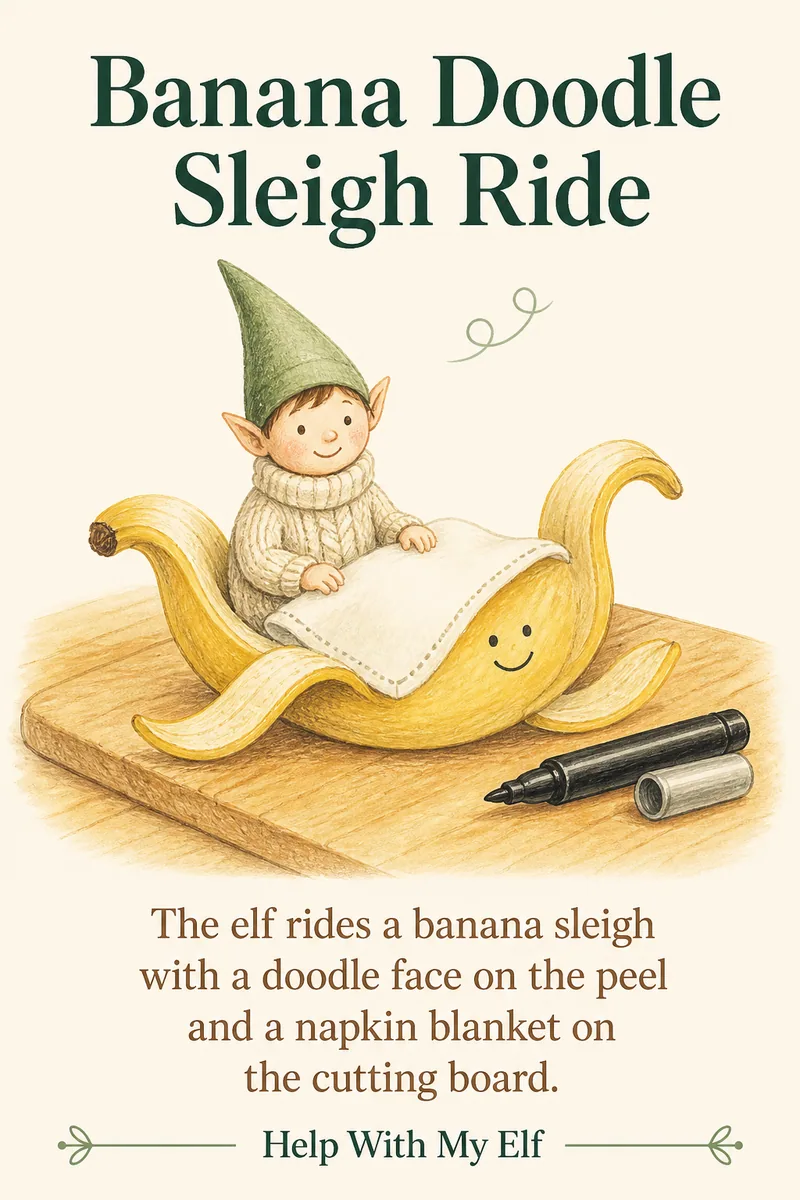 Banana Doodle Sleigh Ride. A handmade visiting-elf idea card for Help With My Elf.