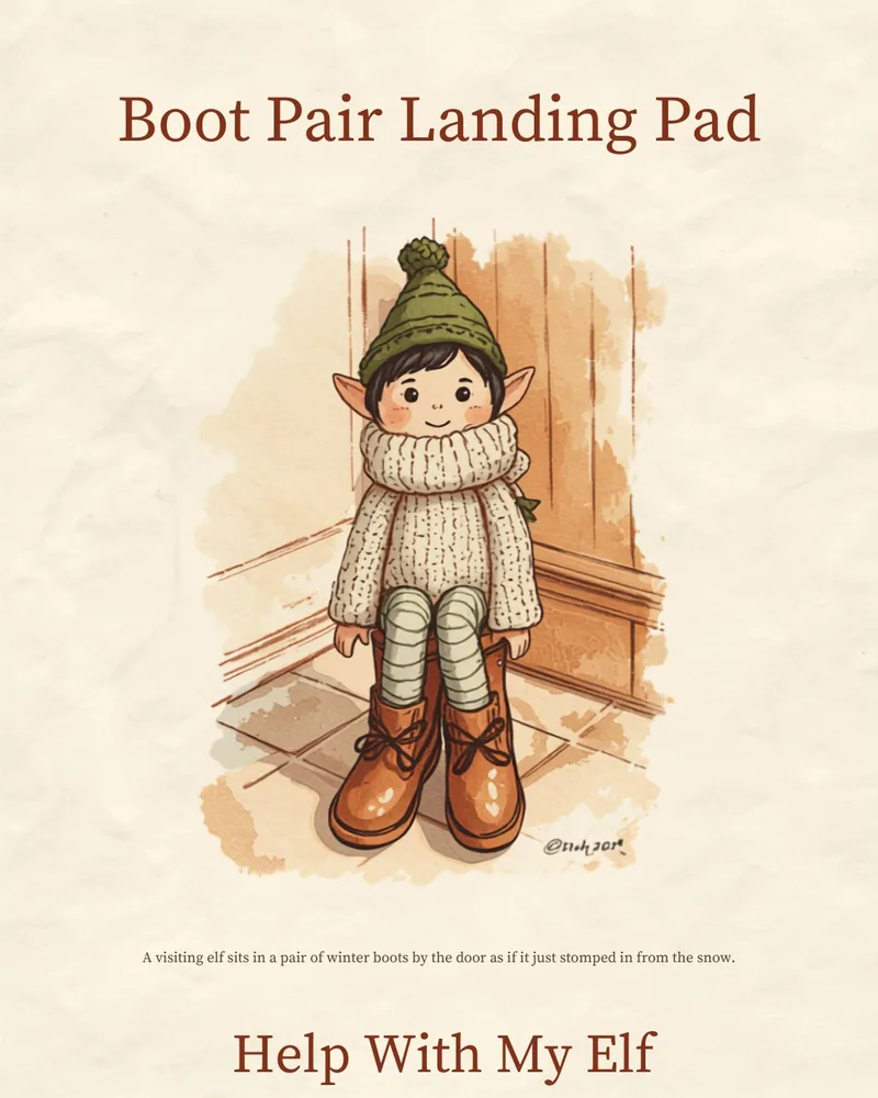 Boot Pair Landing Pad. A handmade visiting-elf idea card for Help With My Elf.