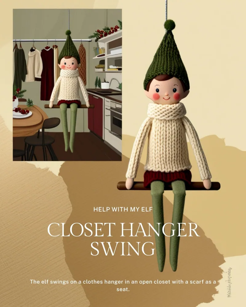 Closet Hanger Swing. A handmade visiting-elf idea card for Help With My Elf.