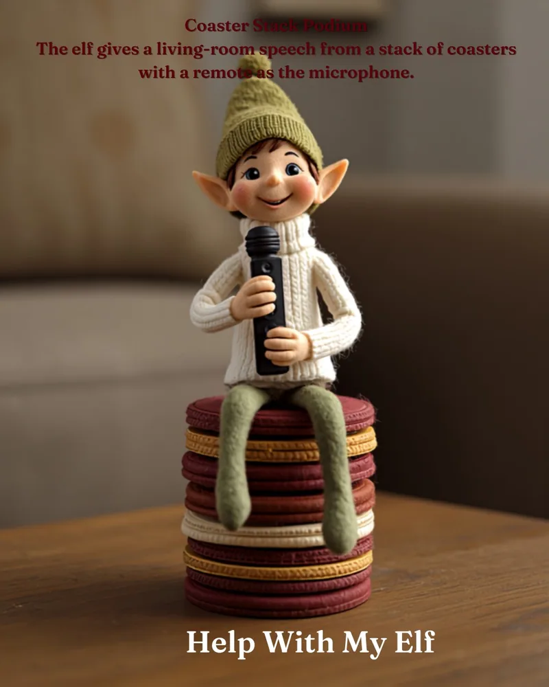Coaster Stack Podium. A handmade visiting-elf idea card for Help With My Elf.