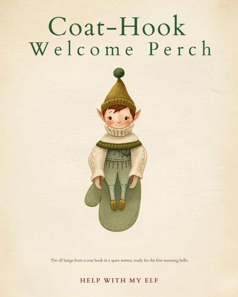 Coat-Hook Welcome Perch. A handmade visiting-elf idea card for Help With My Elf.
