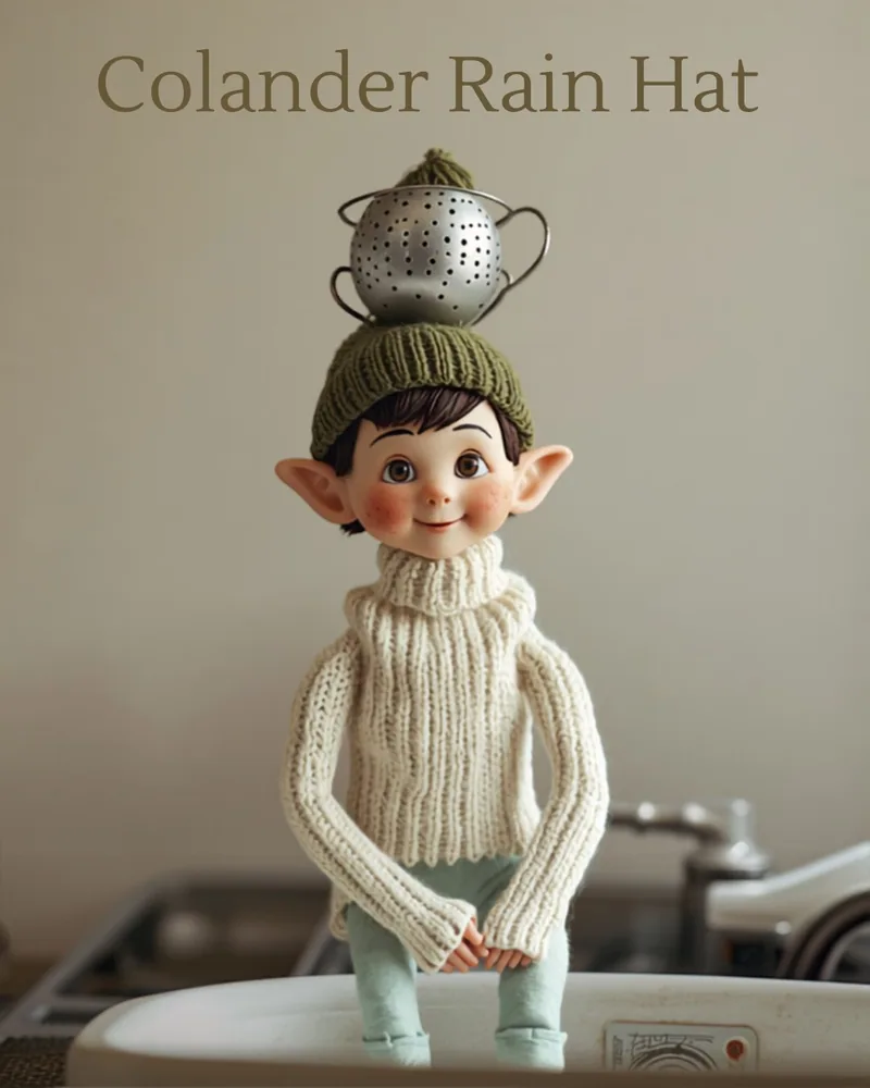 Colander Rain Hat. A handmade visiting-elf idea card for Help With My Elf.