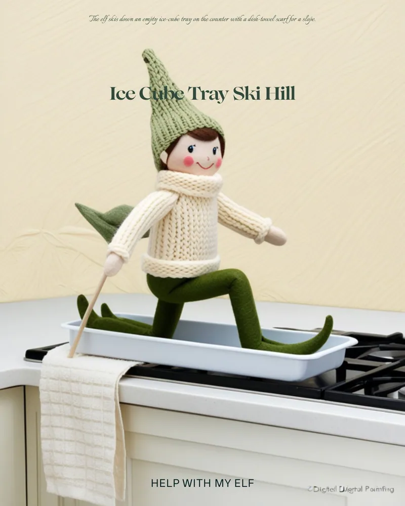 Ice Cube Tray Ski Hill. A handmade visiting-elf idea card for Help With My Elf.