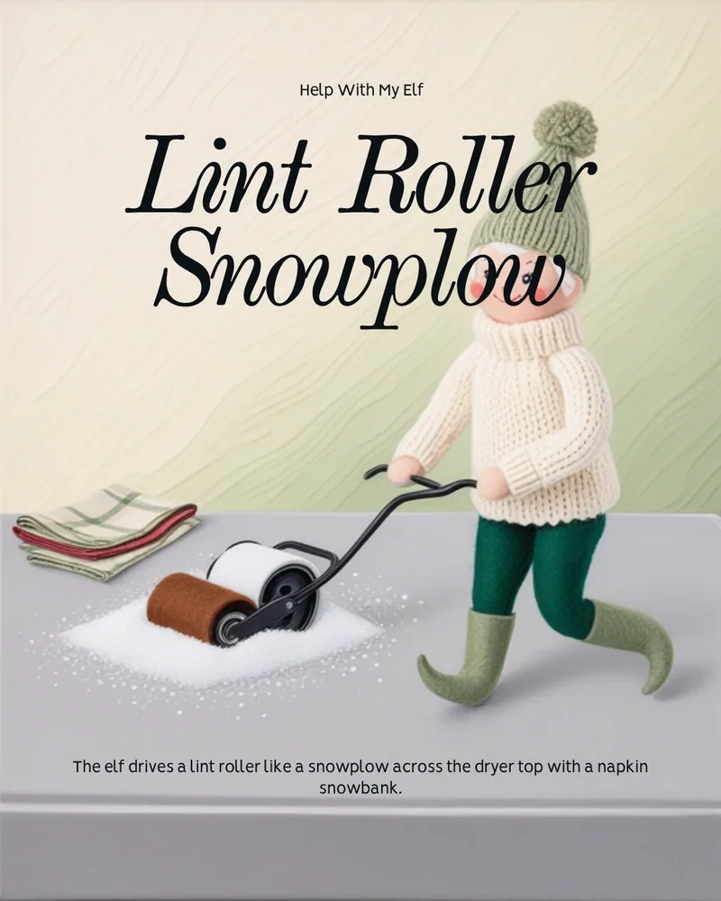 Lint Roller Snowplow. A handmade visiting-elf idea card for Help With My Elf.