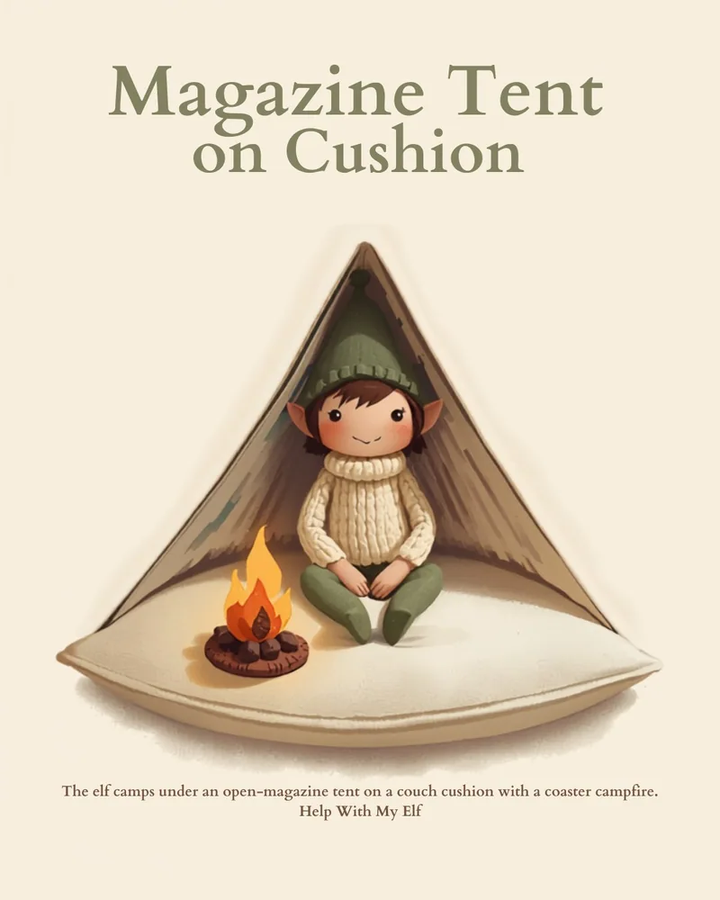 Magazine Tent on Cushion. A handmade visiting-elf idea card for Help With My Elf.