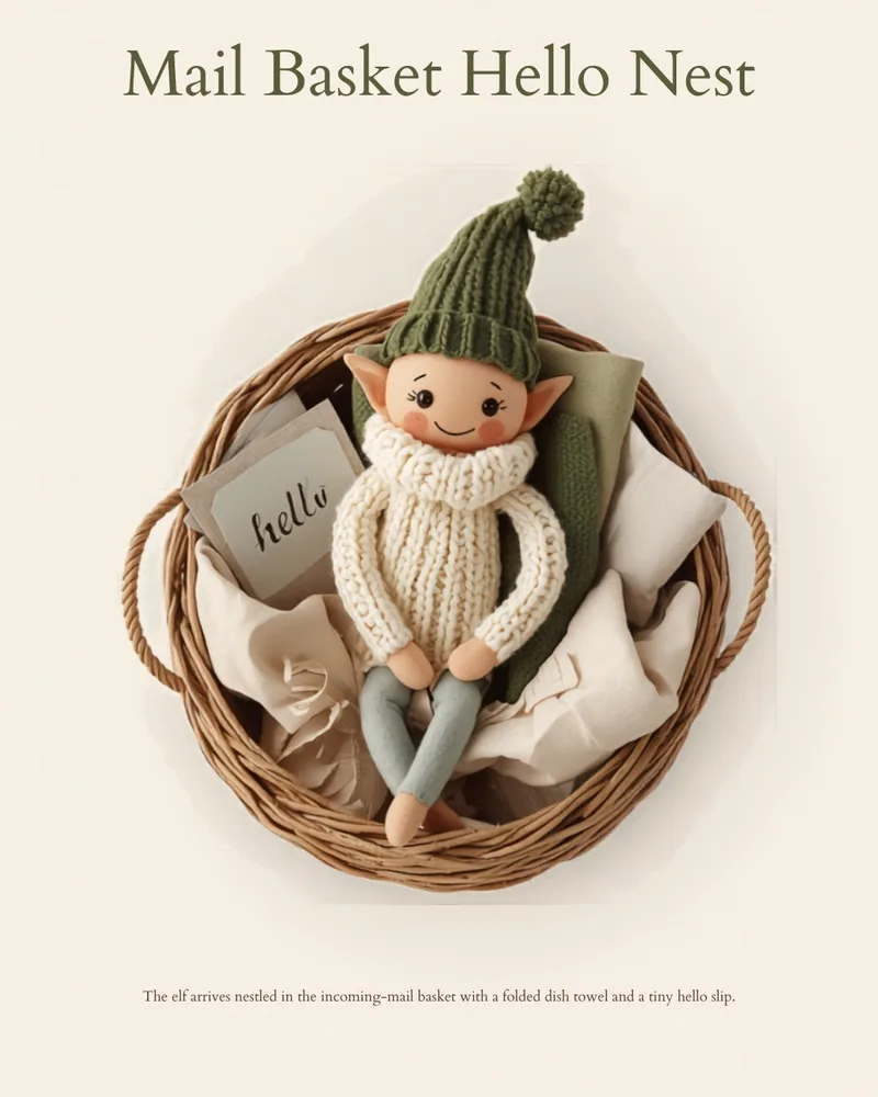 Mail Basket Hello Nest. A handmade visiting-elf idea card for Help With My Elf.
