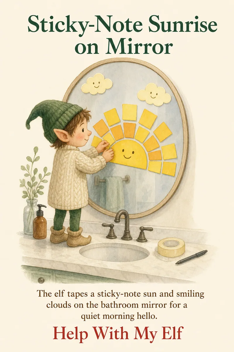 Sticky-Note Sunrise on Mirror. A handmade visiting-elf idea card for Help With My Elf.