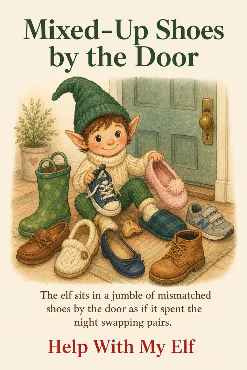 Mixed-Up Shoes by the Door. A handmade visiting-elf idea card for Help With My Elf.