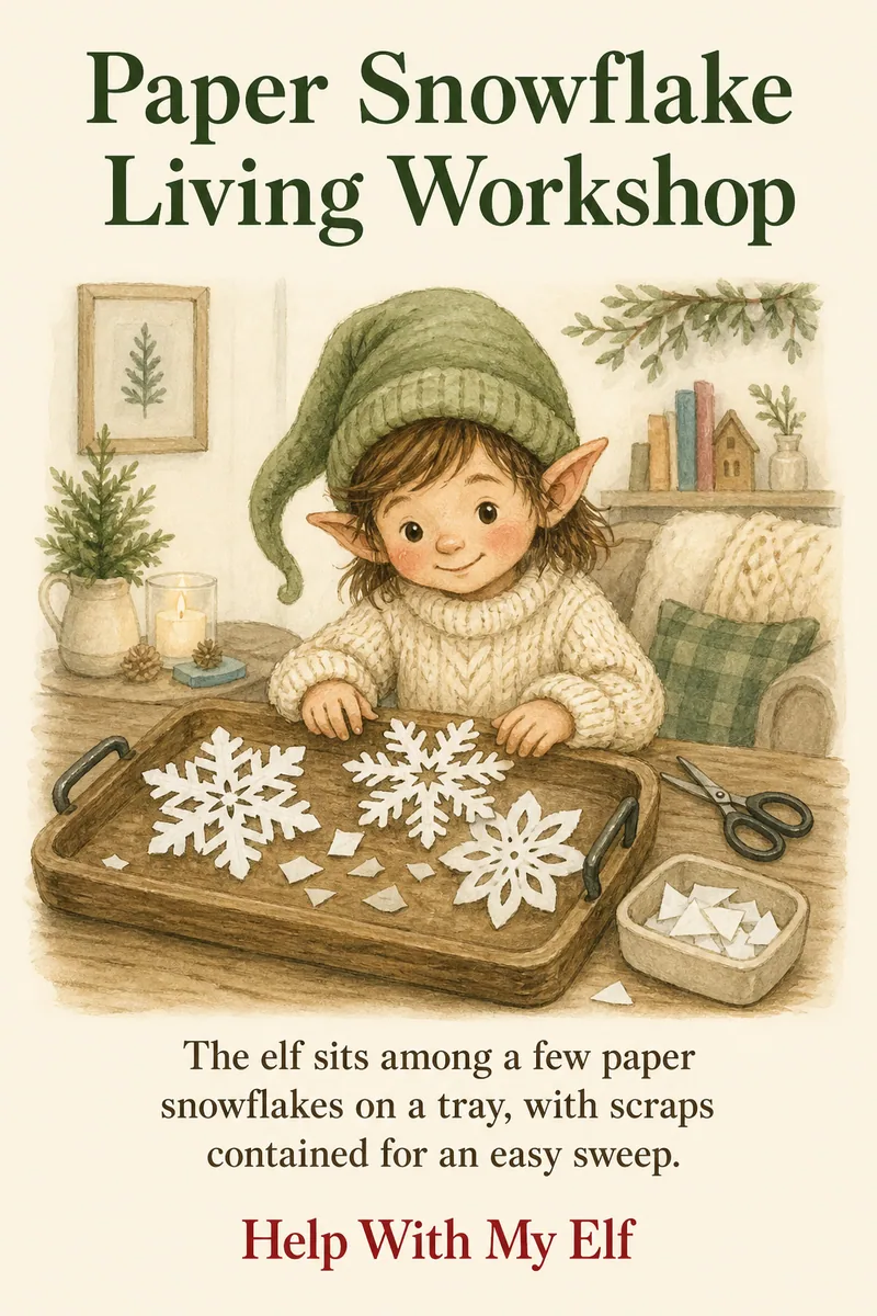 Paper Snowflake Living Workshop. A handmade visiting-elf idea card for Help With My Elf.