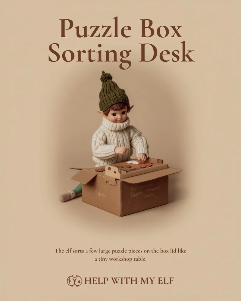 Puzzle Box Sorting Desk. A handmade visiting-elf idea card for Help With My Elf.