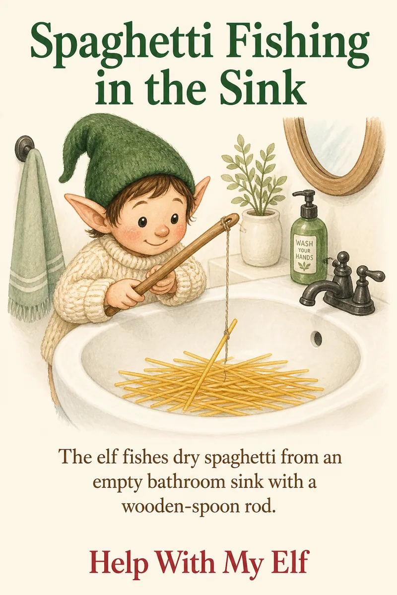 Spaghetti Fishing in the Sink. A handmade visiting-elf idea card for Help With My Elf.